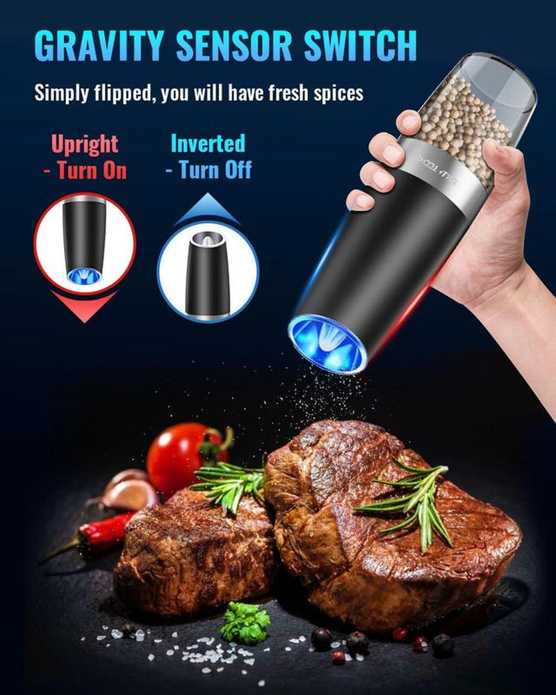 [Limited Time Deal] - 2 Pack Gravity Electric Pepper and Salt Grinder Set, Adjustable Coarseness, Battery Powered with LED Light, One Hand Automatic Operation, Stainless Steel Black, Aesthetic Dish