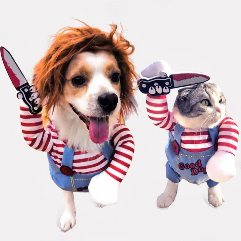 2025 New Funny Dog Costume with Pet Wig, Role Play Horror Costume with Knife, Creative Pet Costume Suitable for Small, Medium and Large Dogs, Cats and Puppies, Halloween Costume Funny