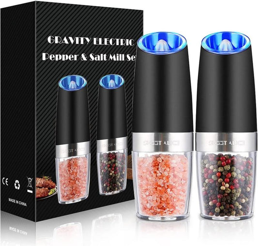 [Limited Time Deal] - 2 Pack Gravity Electric Pepper and Salt Grinder Set, Adjustable Coarseness, Battery Powered with LED Light, One Hand Automatic Operation, Stainless Steel Black, Aesthetic Dish