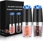 [Limited Time Deal] - 2 Pack Gravity Electric Pepper and Salt Grinder Set, Adjustable Coarseness, Battery Powered with LED Light, One Hand Automatic Operation, Stainless Steel Black, Aesthetic Dish