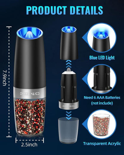 [Limited Time Deal] - 2 Pack Gravity Electric Pepper and Salt Grinder Set, Adjustable Coarseness, Battery Powered with LED Light, One Hand Automatic Operation, Stainless Steel Black, Aesthetic Dish