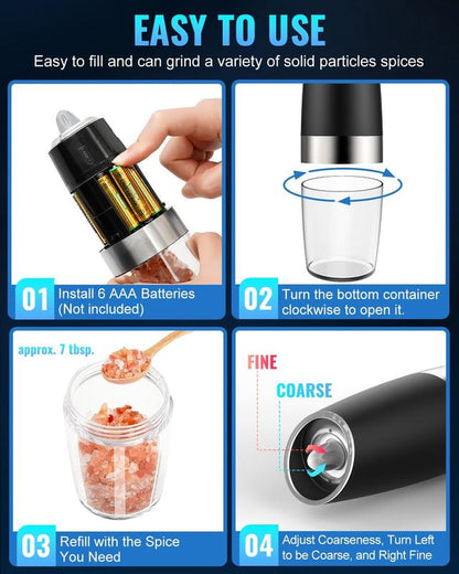 [Limited Time Deal] - 2 Pack Gravity Electric Pepper and Salt Grinder Set, Adjustable Coarseness, Battery Powered with LED Light, One Hand Automatic Operation, Stainless Steel Black, Aesthetic Dish