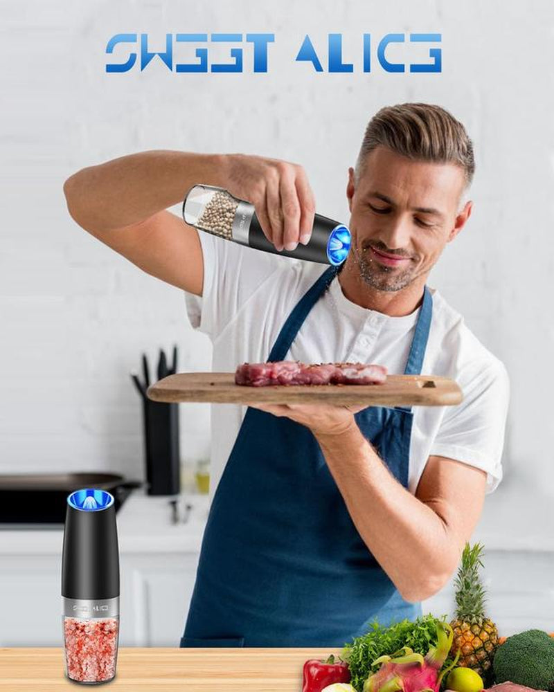 [Limited Time Deal] - 2 Pack Gravity Electric Pepper and Salt Grinder Set, Adjustable Coarseness, Battery Powered with LED Light, One Hand Automatic Operation, Stainless Steel Black, Aesthetic Dish