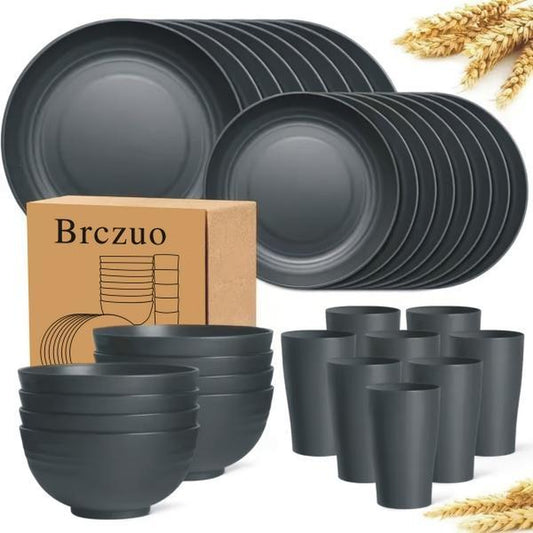 Brczuo 16/32-Piece Black Wheat Straw Tableware Set for 4/8 People - Plates Dessert Bowls Cups - Eco-Friendly Unbreakable Plastic - Ideal for Family Gatherings Birthday Parties & Outdoor Camping