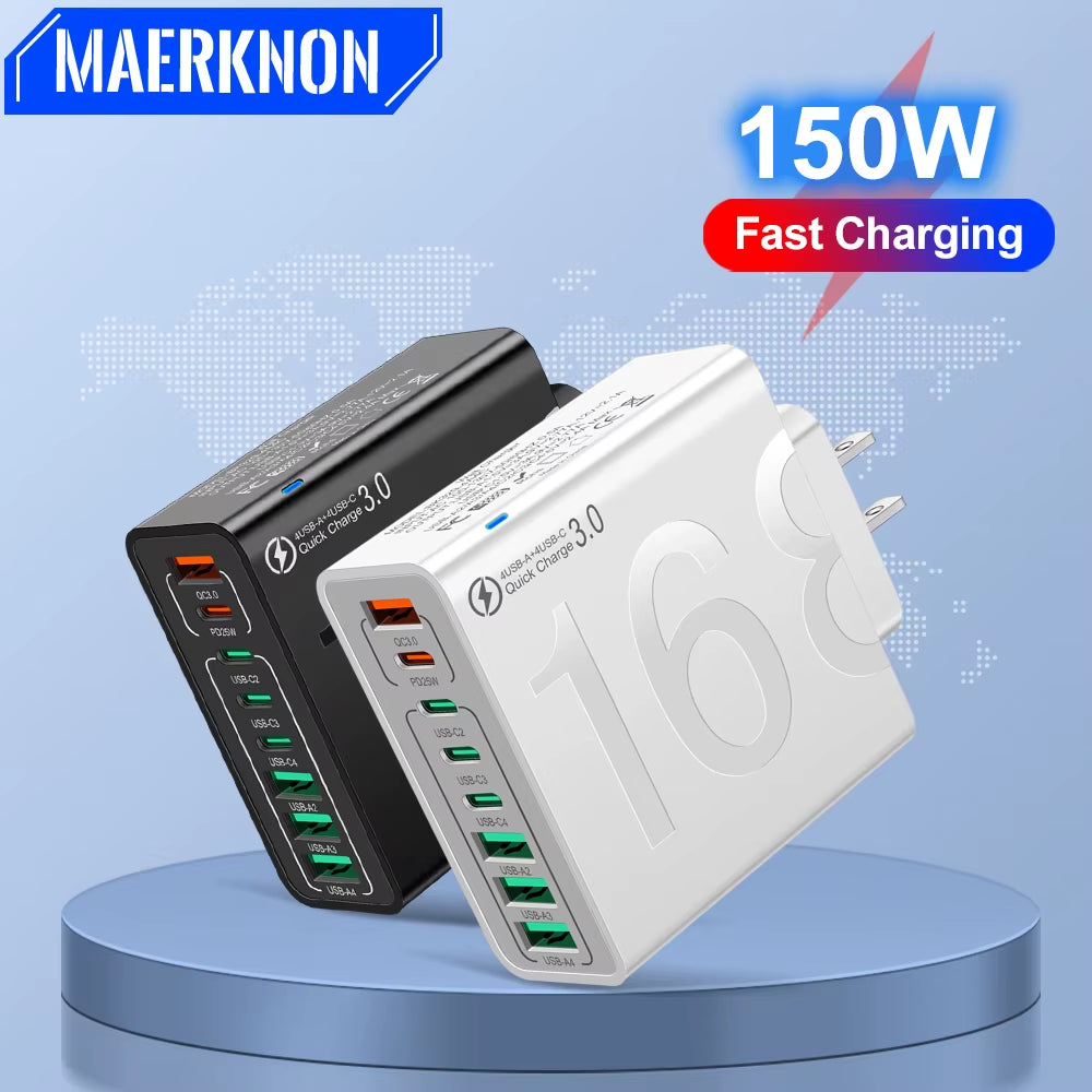 150W Multi Ports USB Charger Fast Charging Wall Adapter for Xiaomi Iphone Samsung Huawei PD Type C Travel Charger EU/US/KR Plug
