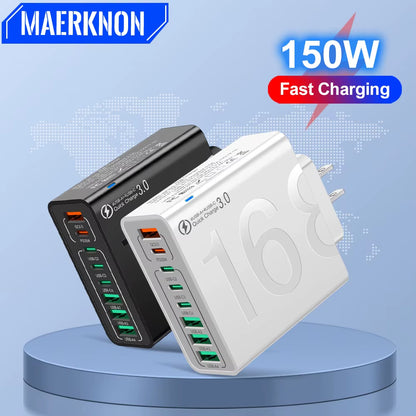 150W Multi Ports USB Charger Fast Charging Wall Adapter for Xiaomi Iphone Samsung Huawei PD Type C Travel Charger EU/US/KR Plug