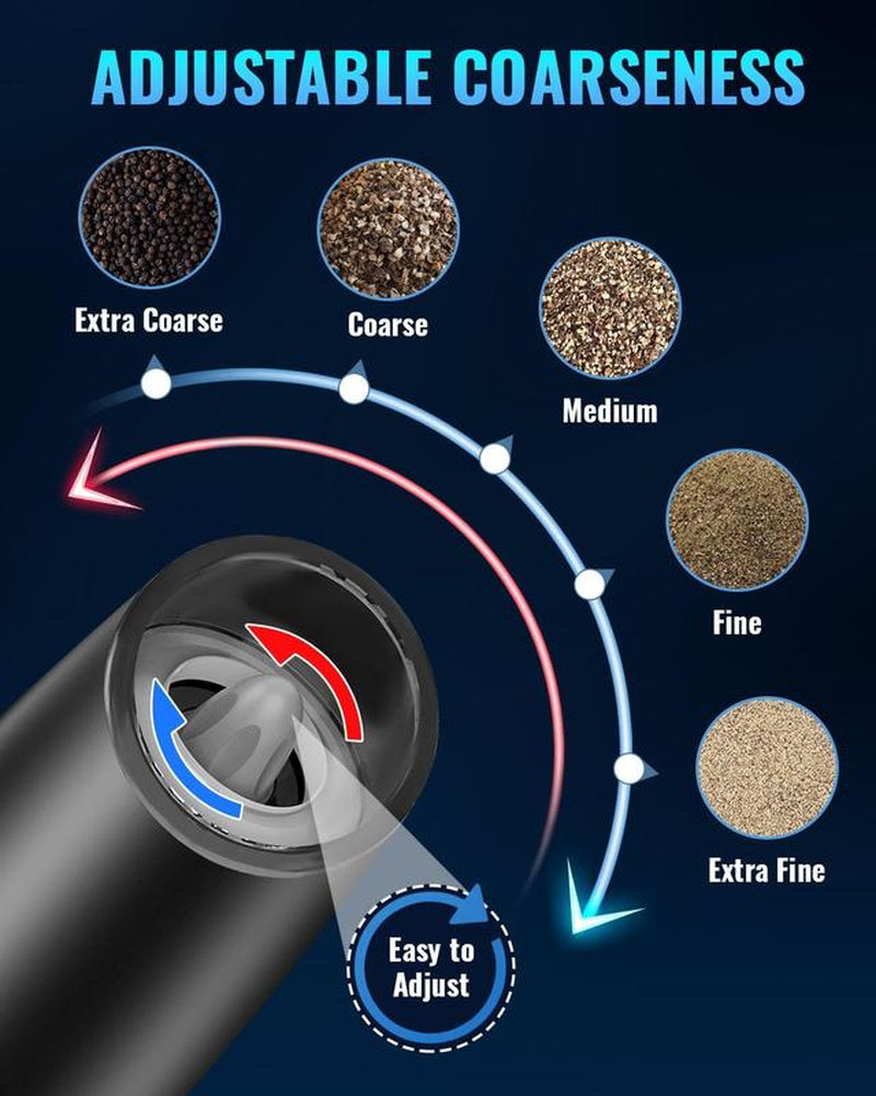 [Limited Time Deal] - 2 Pack Gravity Electric Pepper and Salt Grinder Set, Adjustable Coarseness, Battery Powered with LED Light, One Hand Automatic Operation, Stainless Steel Black, Aesthetic Dish