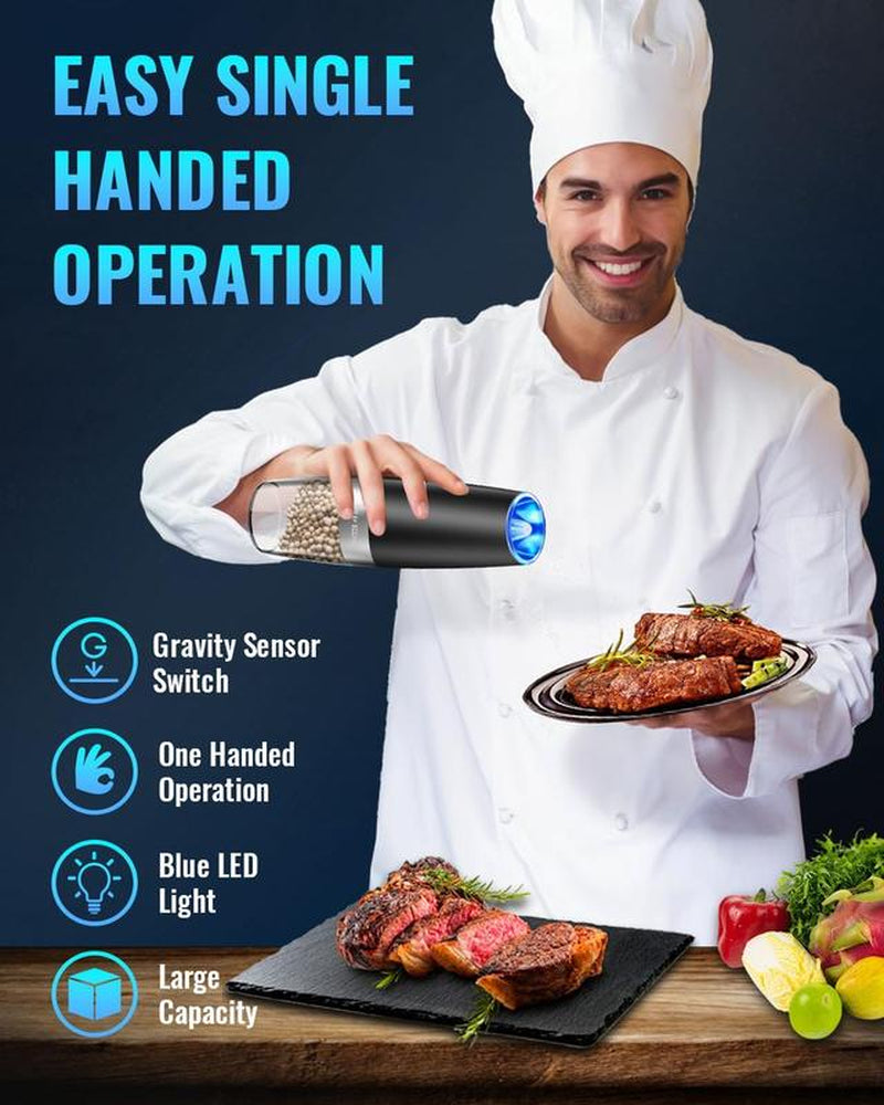 [Limited Time Deal] - 2 Pack Gravity Electric Pepper and Salt Grinder Set, Adjustable Coarseness, Battery Powered with LED Light, One Hand Automatic Operation, Stainless Steel Black, Aesthetic Dish