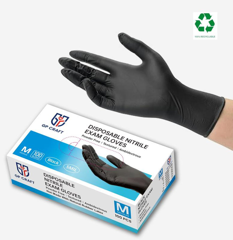 GP Craft Black Nitrile Durable Disposable Gloves, 5 Mil, Powder Free and Latex-Free, Elastic, Wear Resistant, Clean and Waterproof Hand Thick Cleaning