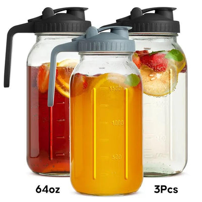3PCS Glass Water Kettle 64OZ, Mason Jar Water, Lid Spout, Wide Mouthed Leak Proof Water Kettle, Cold Water Kettle, Suitable for Storing Breast Milk Juice, Water, Milk, Tea, Iced Coffee Beverage Set Scale Tumbler with and Straws Fall Themed Oak Sip