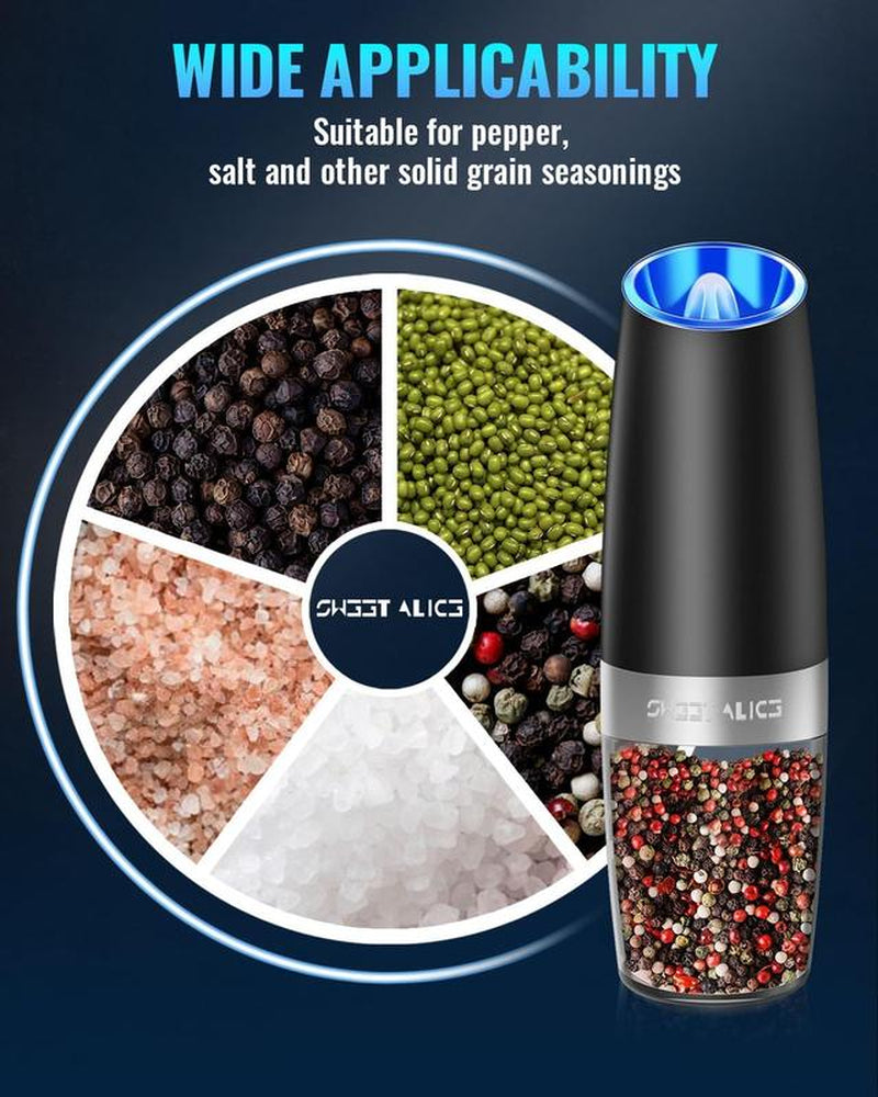[Limited Time Deal] - 2 Pack Gravity Electric Pepper and Salt Grinder Set, Adjustable Coarseness, Battery Powered with LED Light, One Hand Automatic Operation, Stainless Steel Black, Aesthetic Dish